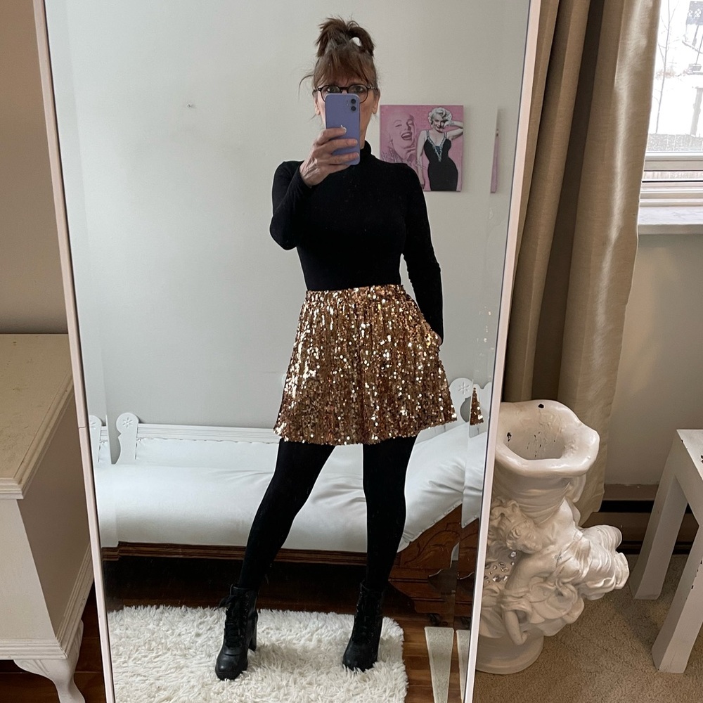 COPPER SEQUIN SKIRT STRETCH WAIST POCKETS LINED EXTRA SMALL METALLIC Q MACK